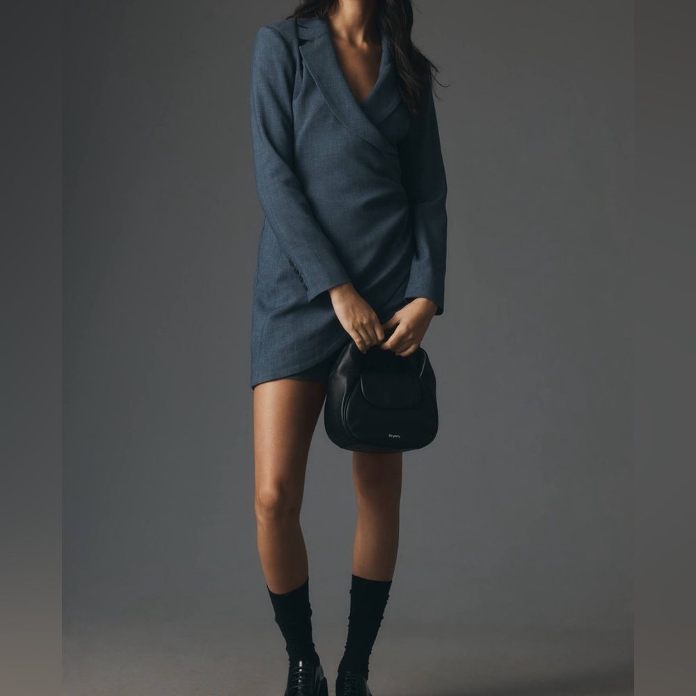By Anthropologie Long-Sleeve V-Neck Blazer Mini Dress color Navy Marin New